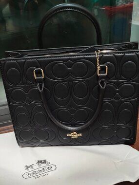 Coach Black Quilted Logo Tote with Gold Accents